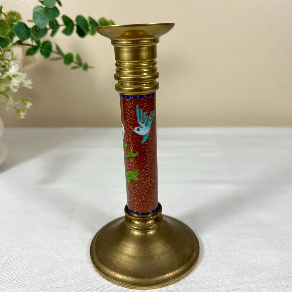Vintage Oriental Cloisonné Floral and Bird Brass Candlestick Holder